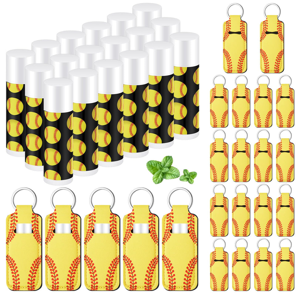 swiffen front view showing 18 softball lip balm sets and holders, great for team giveaways