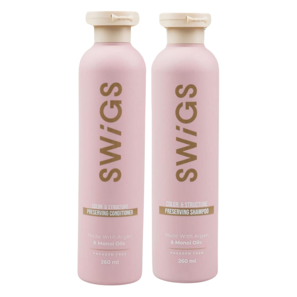 swigs front packaging showing shampoo and conditioner, clear branding and benefits