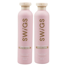 swigs front packaging showing shampoo and conditioner, clear branding and benefits
