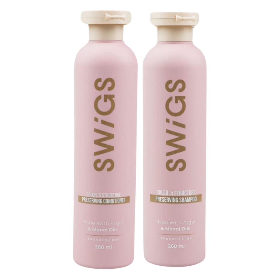swigs front packaging showing shampoo and conditioner, clear branding and benefits