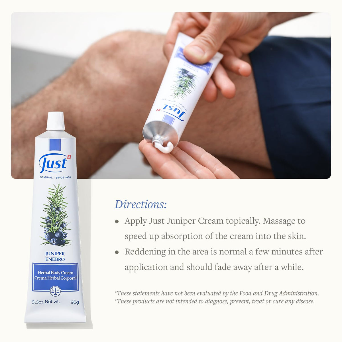 SwissJust Juniper Cream applied to forearm demonstrating warming massage