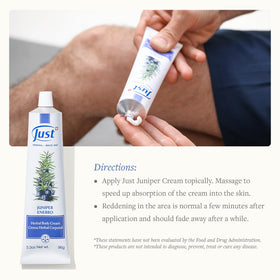 SwissJust Juniper Cream applied to forearm demonstrating warming massage