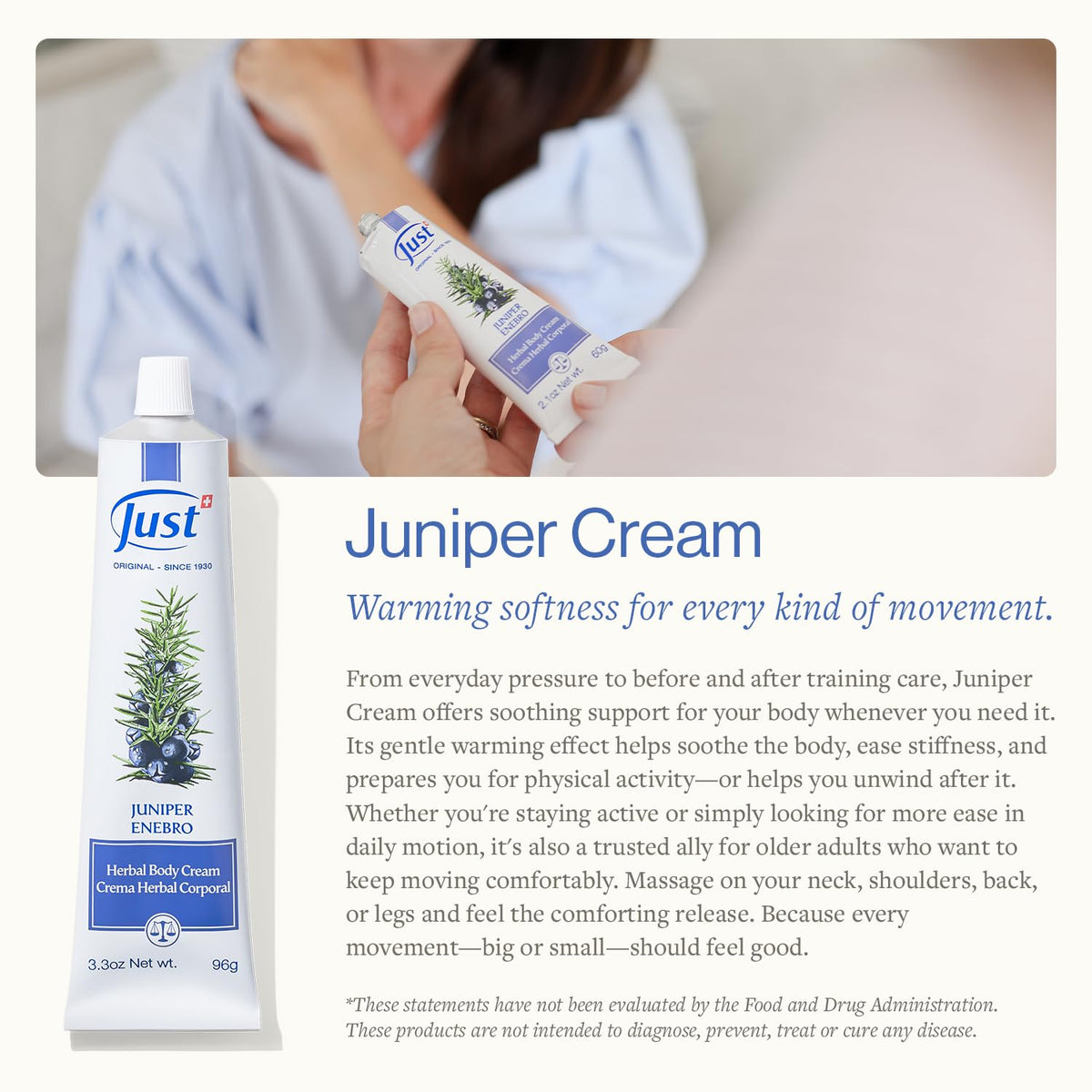 SwissJust Juniper Cream texture close-up highlights smooth massage glide