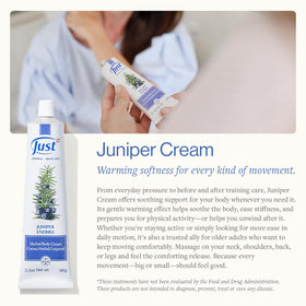 SwissJust Juniper Cream texture close-up highlights smooth massage glide