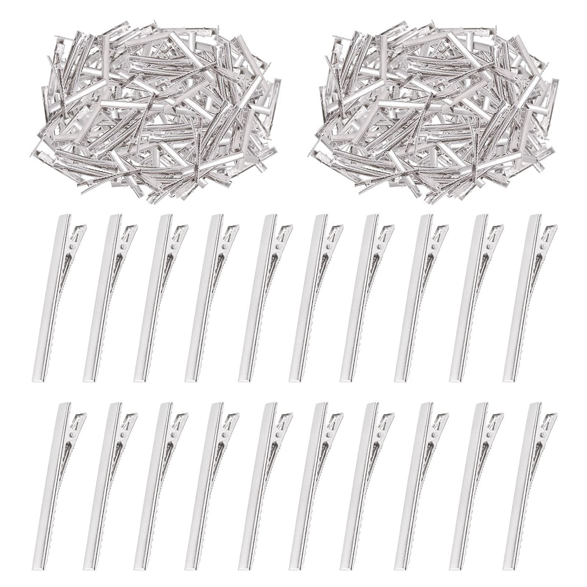 Swpeet front view of 200 metal alligator clips showing package and quantity benefit