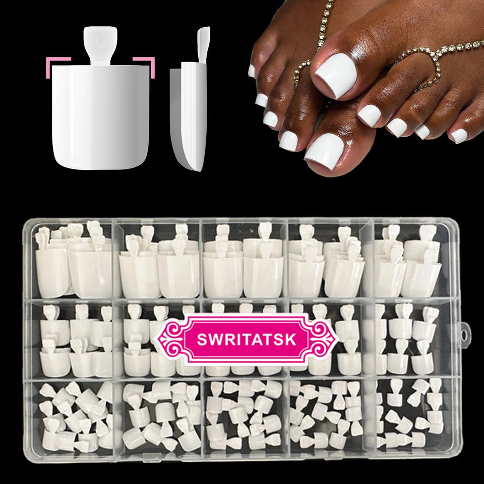 SWRITATSK front packaging with 150pcs white toe press ons for easy pedicures
