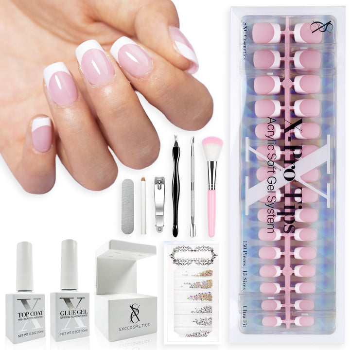 SXC front packaging showing pink French press on nails and starter kit benefits