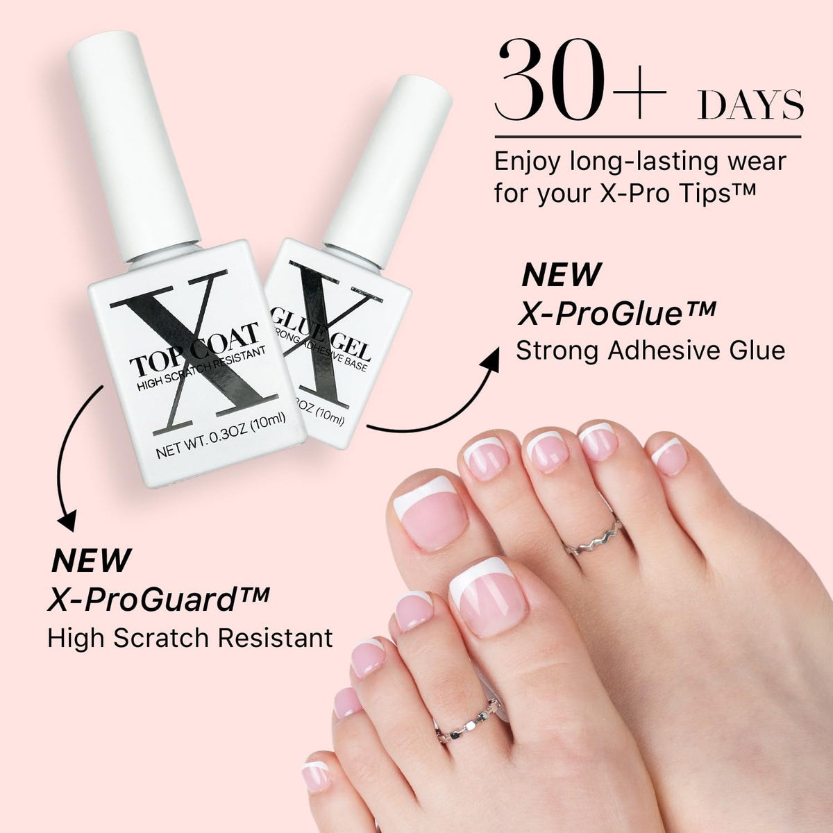 SXC press-on toenail being applied demonstrating instant polished result