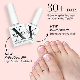 SXC press-on toenail being applied demonstrating instant polished result