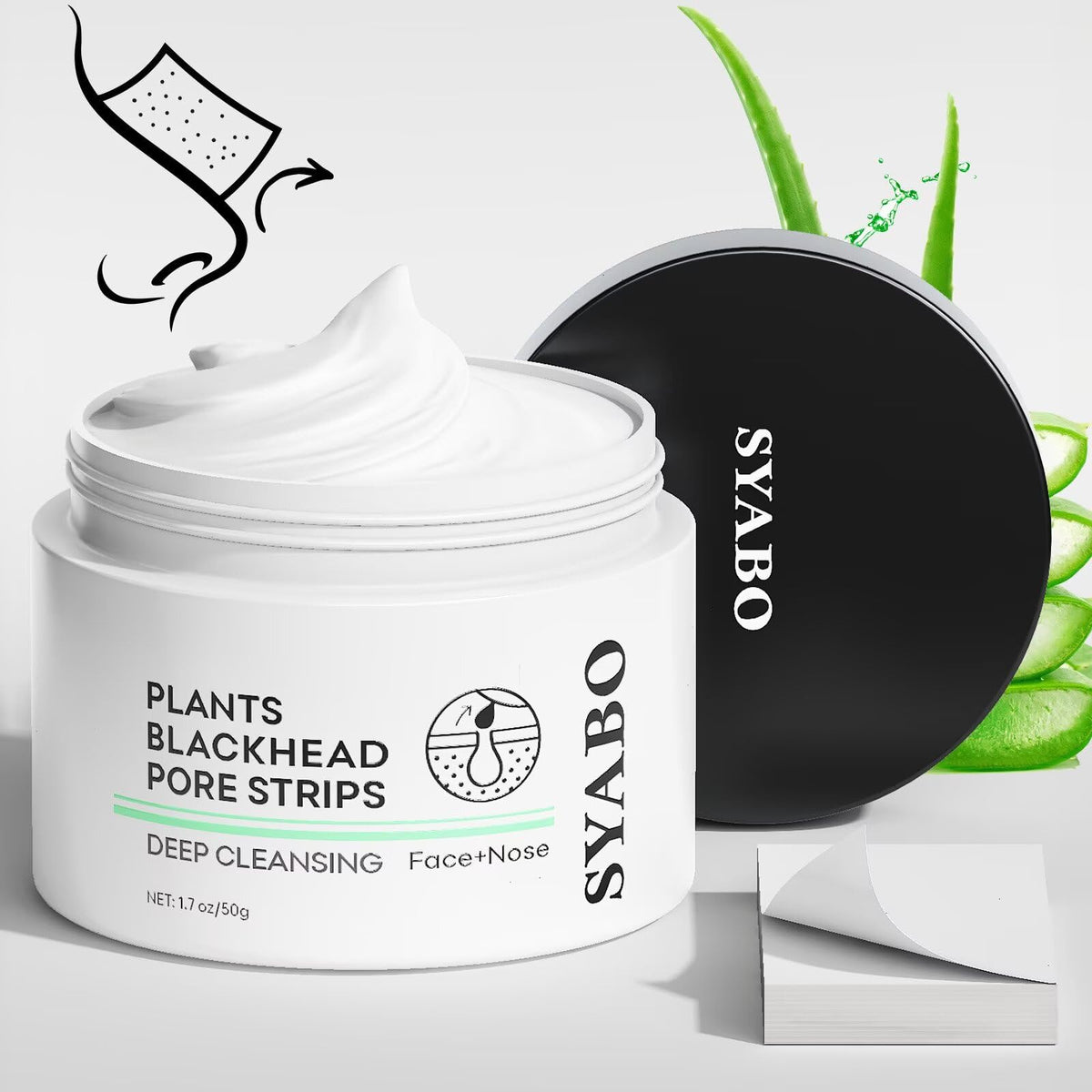 SYABO front jar and strips showing kit contents and easy removal benefit