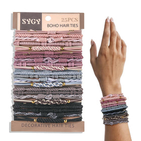 SYGY front view of 25-piece boho hair ties pack showing colors and styles