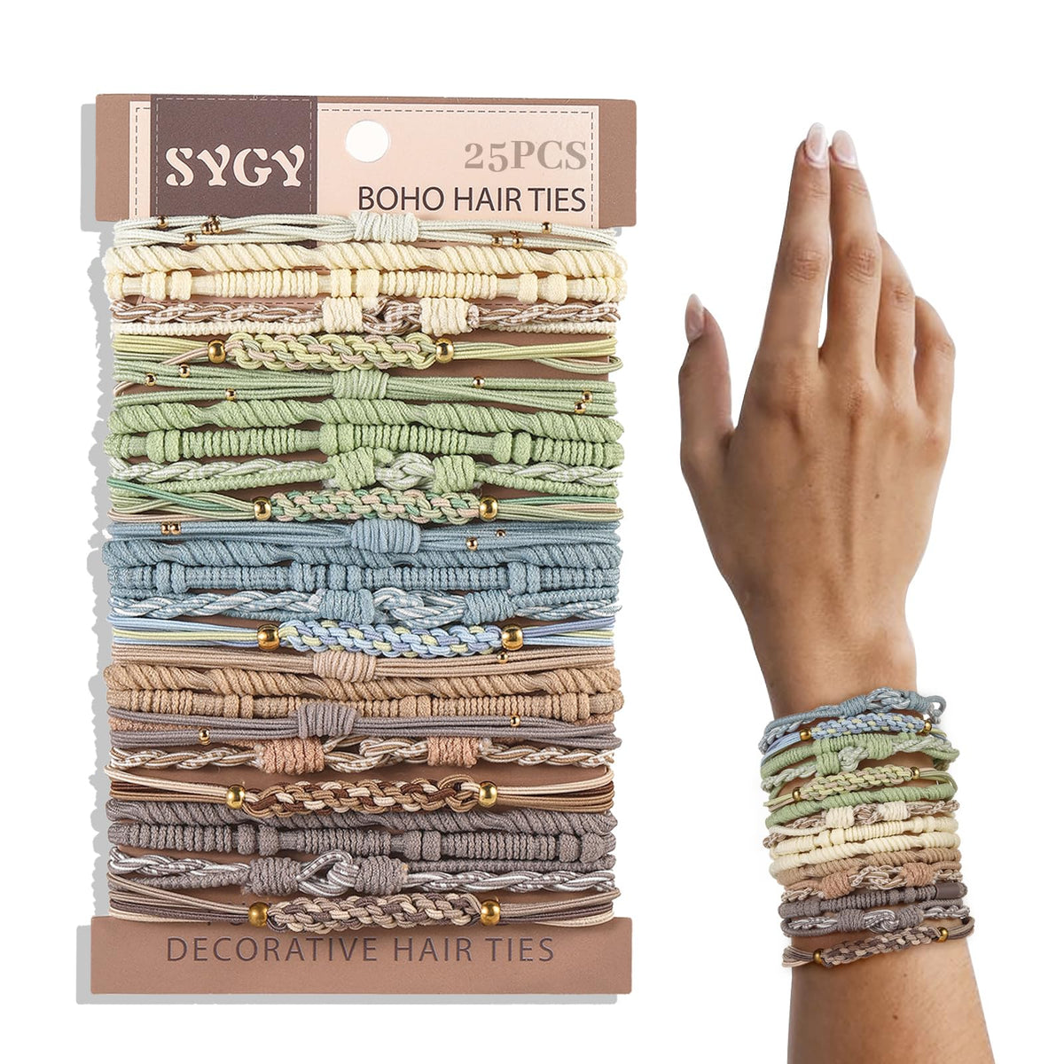 SYGY front pack view showing colorful bohemian hair ties and count