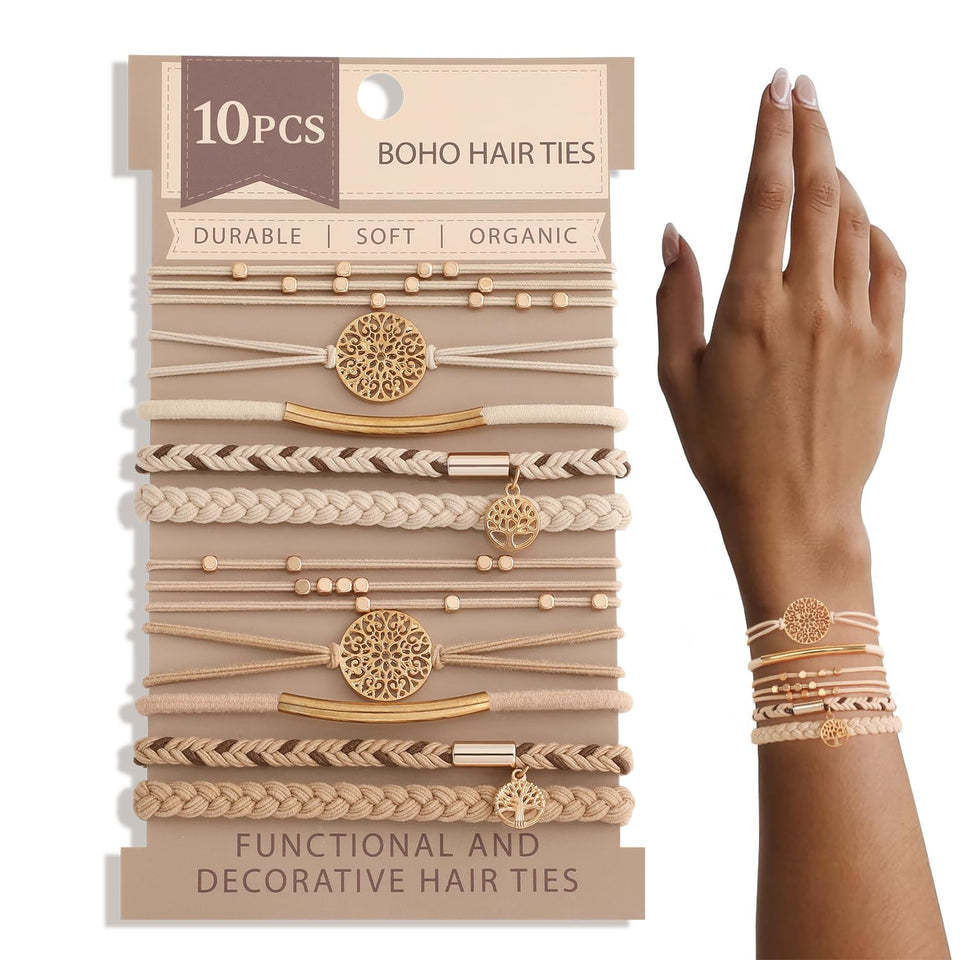 SYGY front view of bracelet set showing coffee tones and packaging benefit