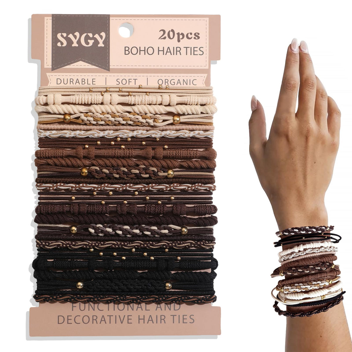 SYGY front packaging showing 20-piece neutral boho hair ties and benefits