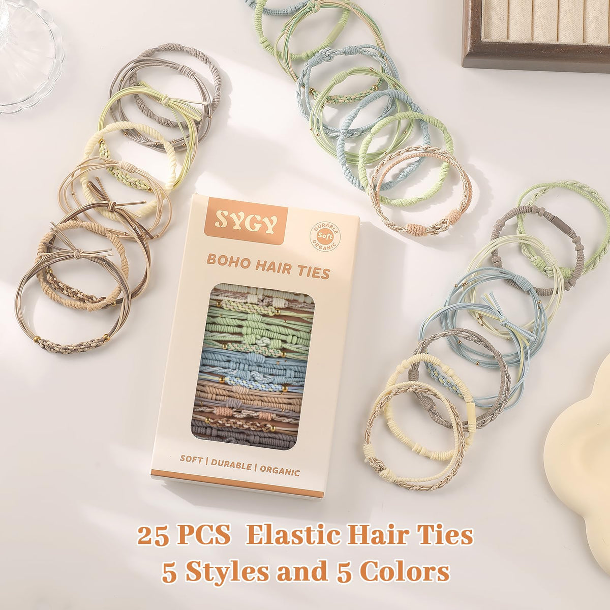 SYGY open pack revealing 25 durable no-damage hair ties inside