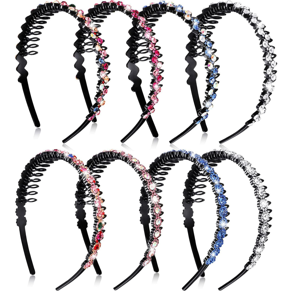Syhood front view of 8-piece headband set showing colorful styles and packaging benefit