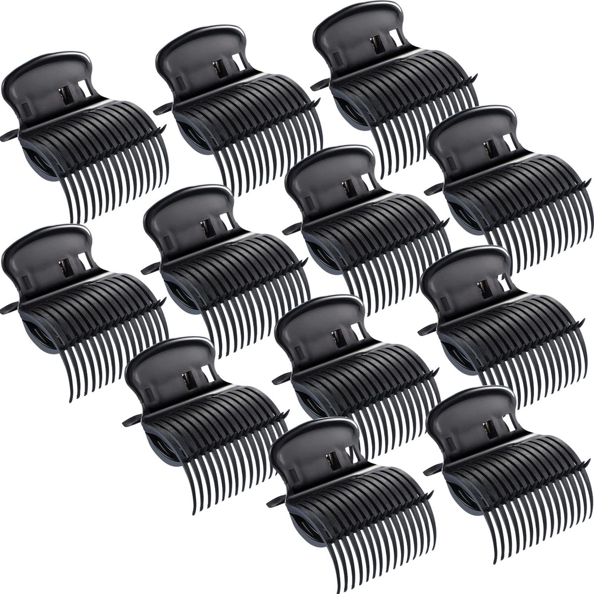 Syhood front view of 12 black hot roller clips showing compact pack and convenience