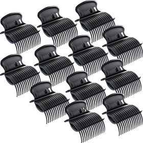 Syhood front view of 12 black hot roller clips showing compact pack and convenience