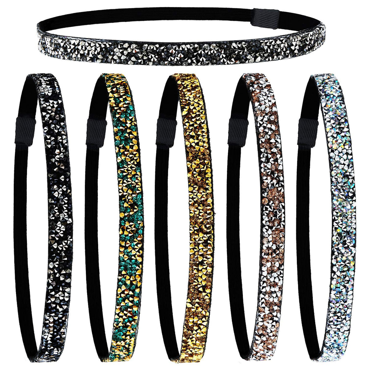 Syhood front view of six glitter headbands showing colors and packaging benefits