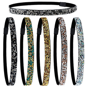 Syhood front view of six glitter headbands showing colors and packaging benefits