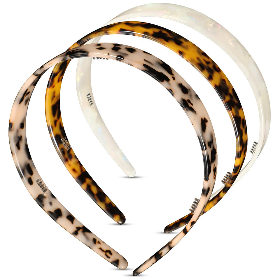 Syhood front view of three tortoise headbands showing patterns and colors for versatile styling