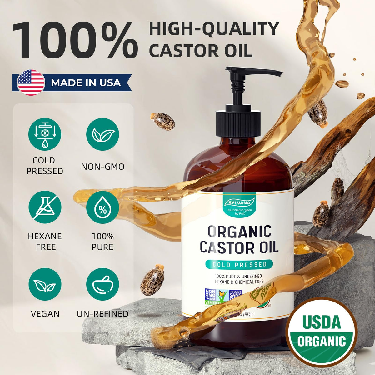 SYLVANA texture shot of castor oil on fingertip demonstrating rich, nourishing consistency