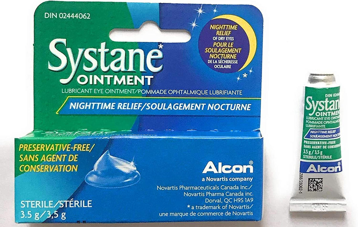 Systane tube closeup label highlighting ingredients and easy‑to‑read packaging benefit