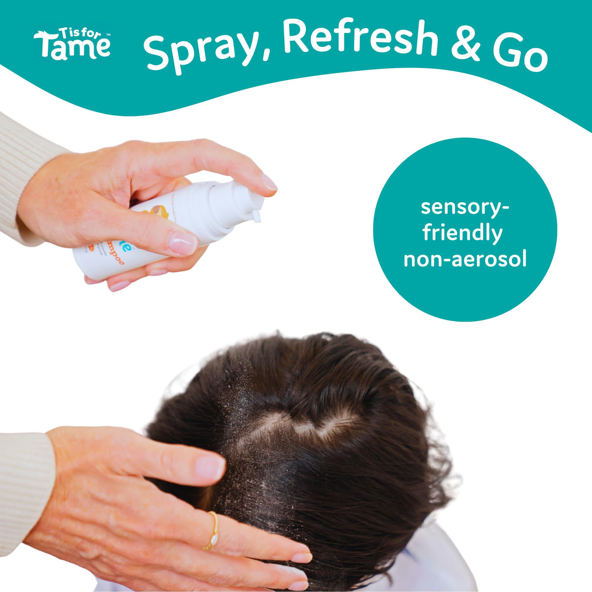 T is for Tame application in use on child hair demonstrating quick oil absorption benefit