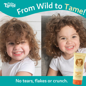 T is for Tame being applied to toddler hair to tame flyaways and frizz