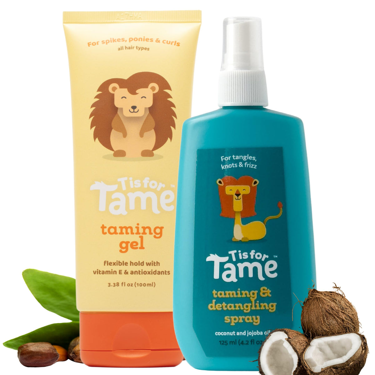 T is for Tame front packaging duo showing bottles and benefits