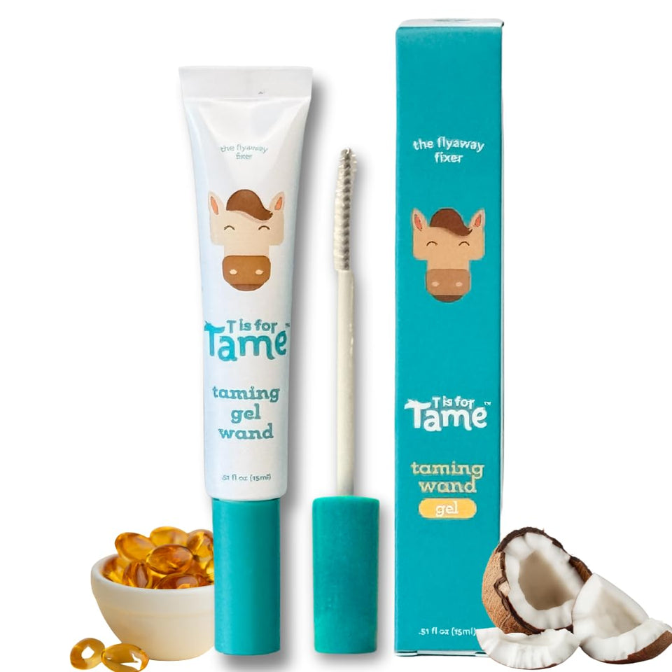 T is for Tame front packaging showing compact taming gel wand benefit quick touch-ups