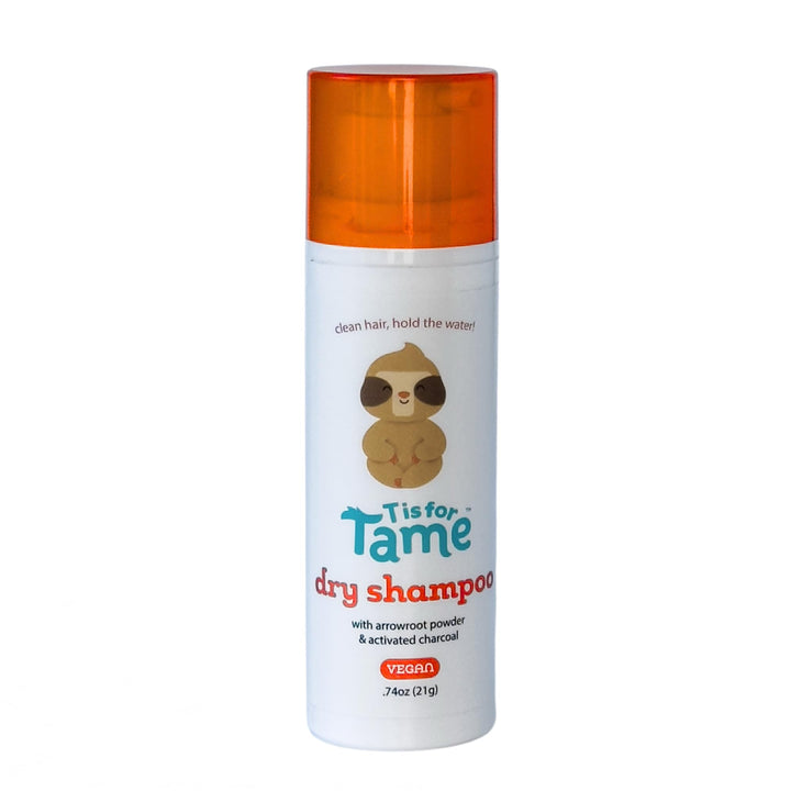T is for Tame front pouch showing compact powder puff and clear branding for easy travel