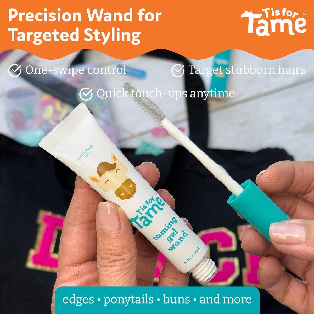 T is for Tame gel texture close-up showing non-sticky finish and lightweight hold benefit