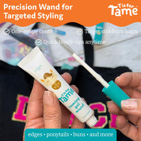 T is for Tame gel texture close-up showing non-sticky finish and lightweight hold benefit