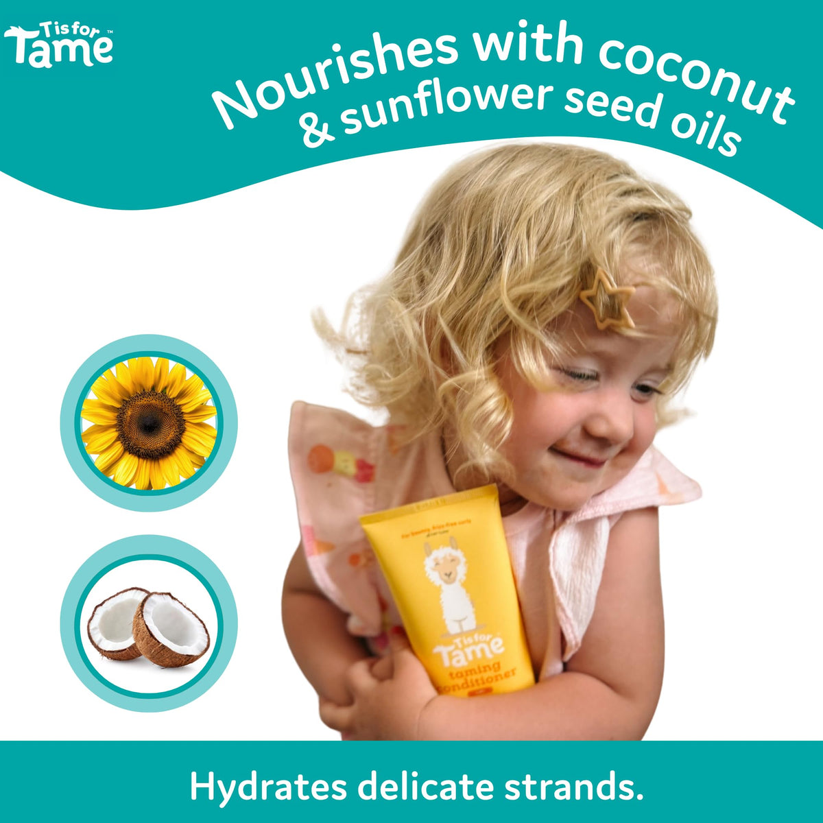 T is for Tame child in bath using conditioner showing calmer, easier brushing