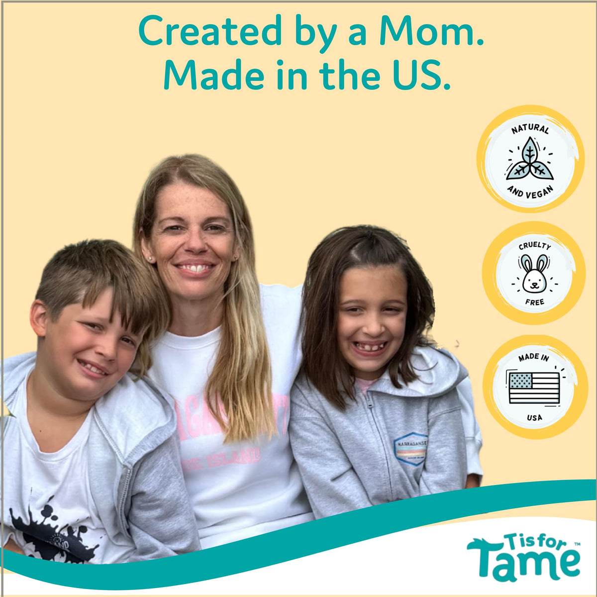 T is for Tame on a smiling child outdoors suggesting gentle everyday styling durability