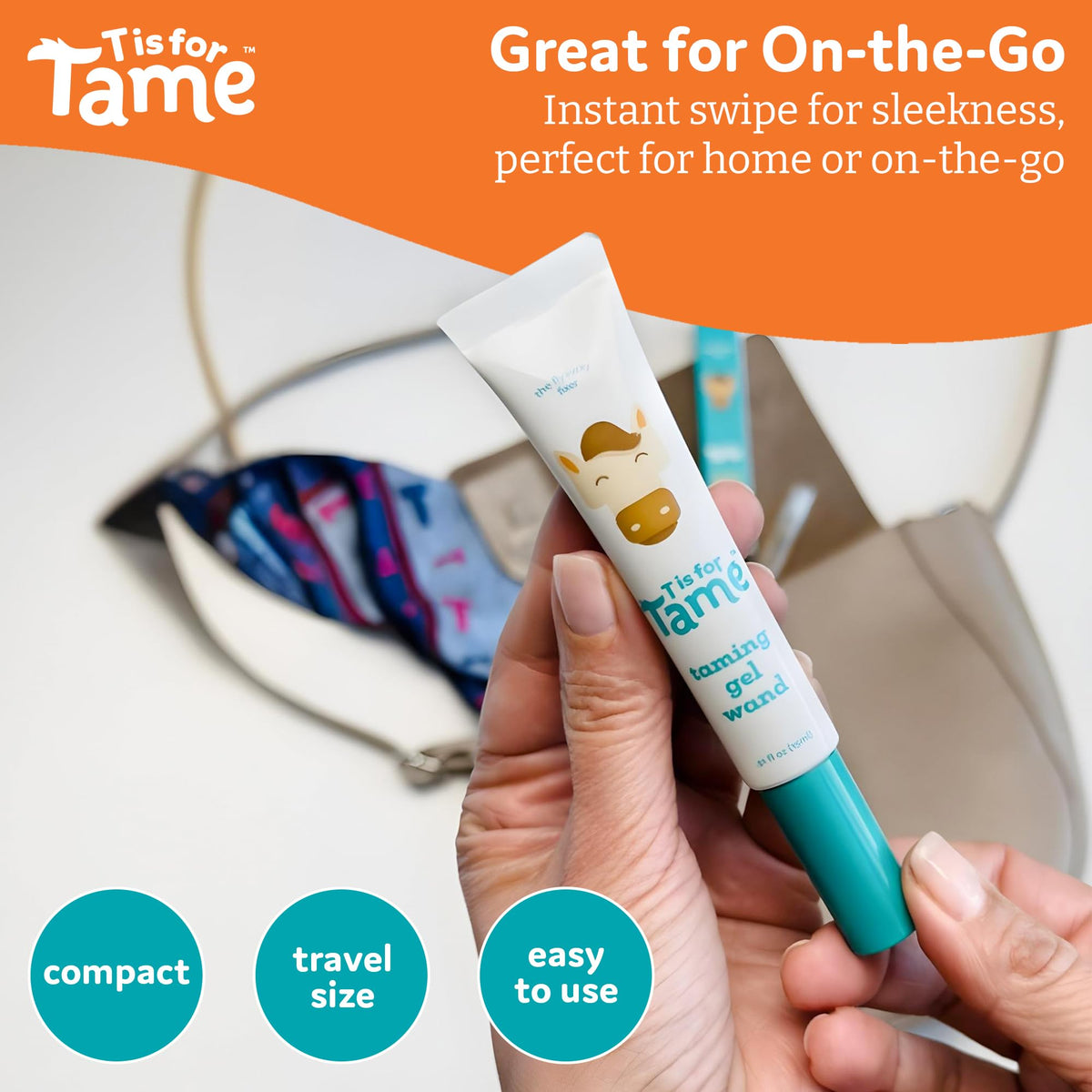T is for Tame lifestyle image: parent using wand in bag-ready routine for fast styling benefit