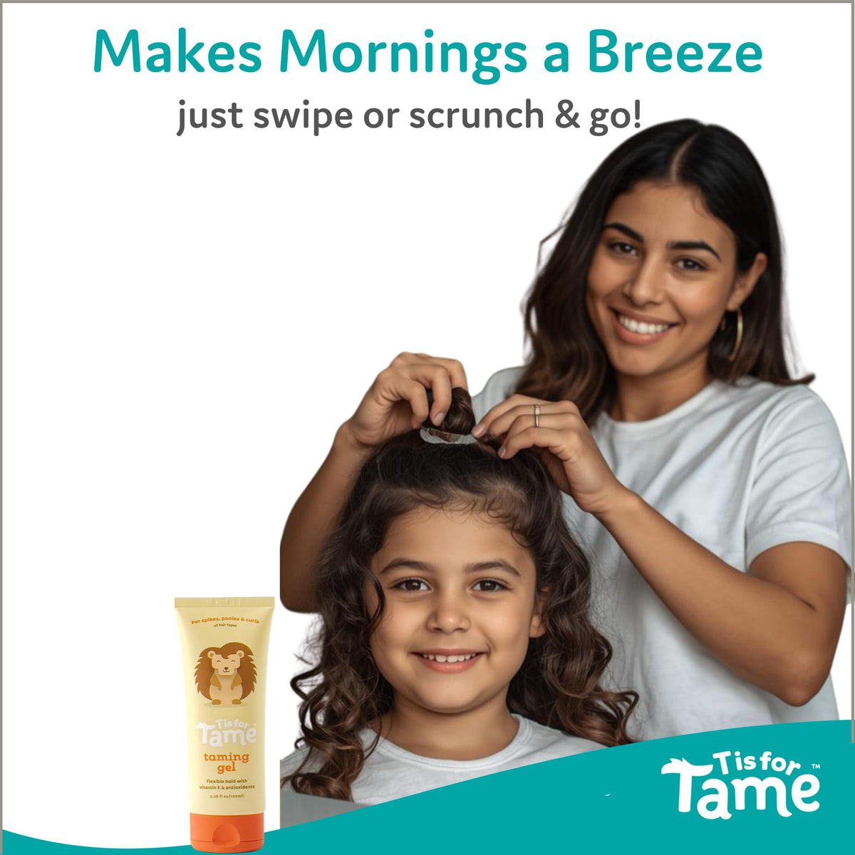 T is for Tame next to a ruler showing 3.38 fl oz scale for size and portability