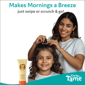 T is for Tame next to a ruler showing 3.38 fl oz scale for size and portability