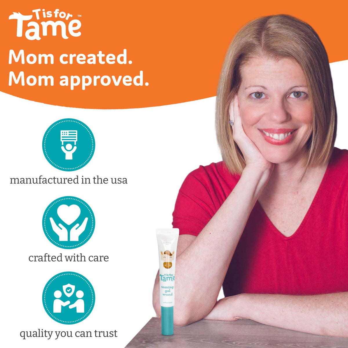 T is for Tame wand beside a finger for size comparison and travel-friendly benefit