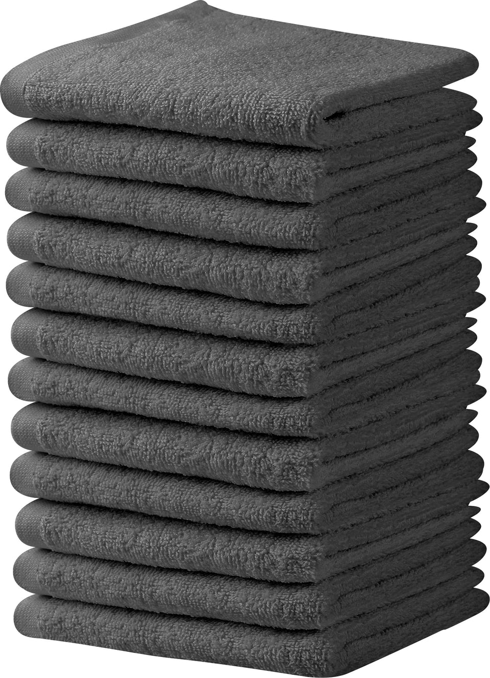 T & L front view of 12-pack grey salon towels showing neat stacked packaging and value