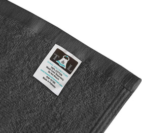 T & L towels styled in bathroom scene showing neutral grey matching home decor
