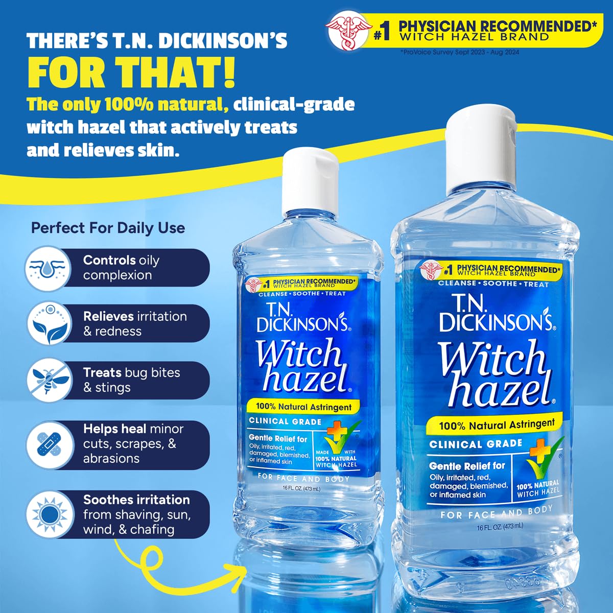 T.N. Dickinson's close-up label highlights 100% natural witch hazel purity benefit