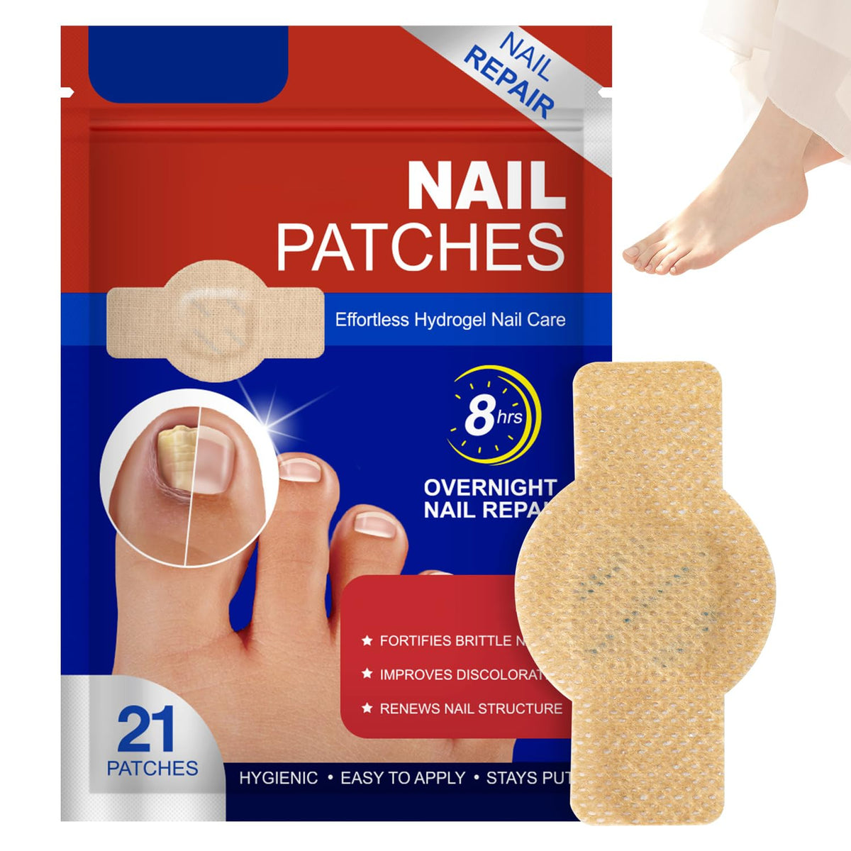 taakcc front packaging showing 21 nighttime toenail patches and benefits