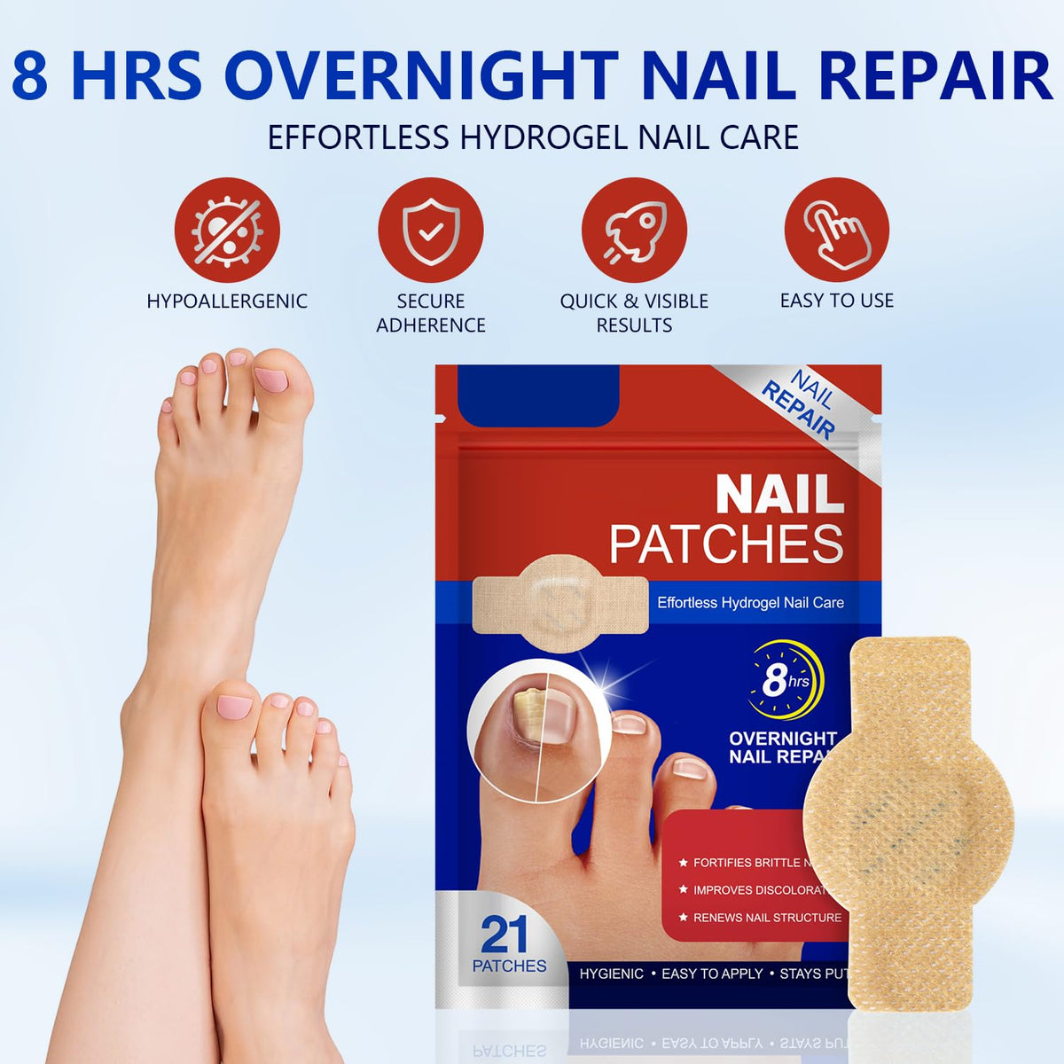 taakcc patch adhered to a toenail demonstrating easy application benefit