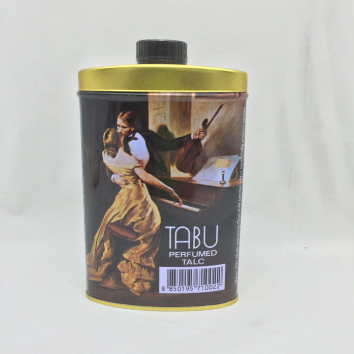 TABU PERFUMED TALC front tin showing label and 100 g size, evokes lasting fragrance