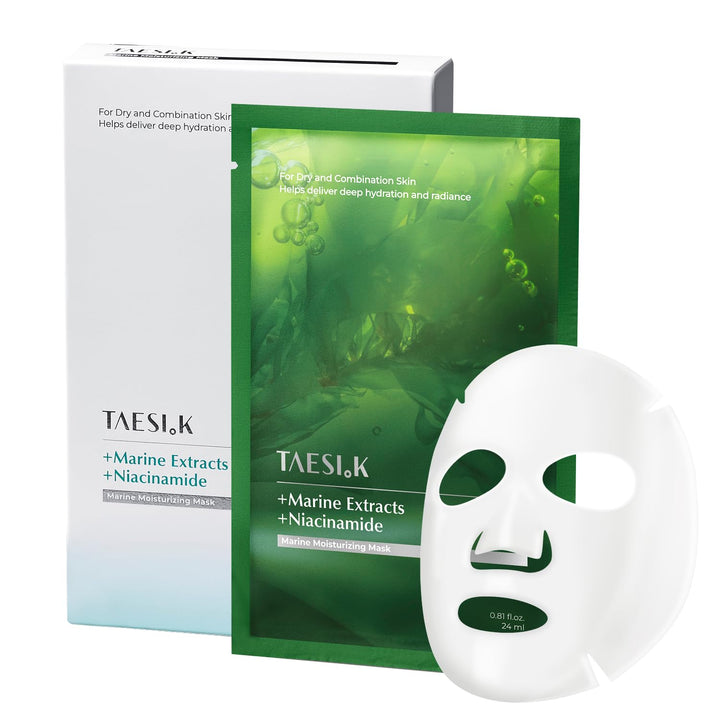 TAESI.K front packaging showing six hydrating sheet masks for daily dewy skin