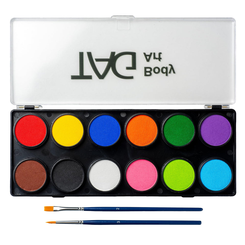 TAG Body Art palette front view showing 12 colors and included brushes for versatility