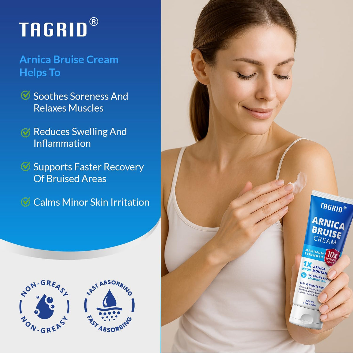 TAGRID arnica cream on a forearm near a bruise showing visible calming effect