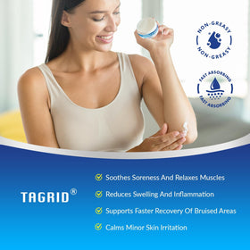TAGRID label close-up featuring Arnica and Vitamin K for ingredient clarity